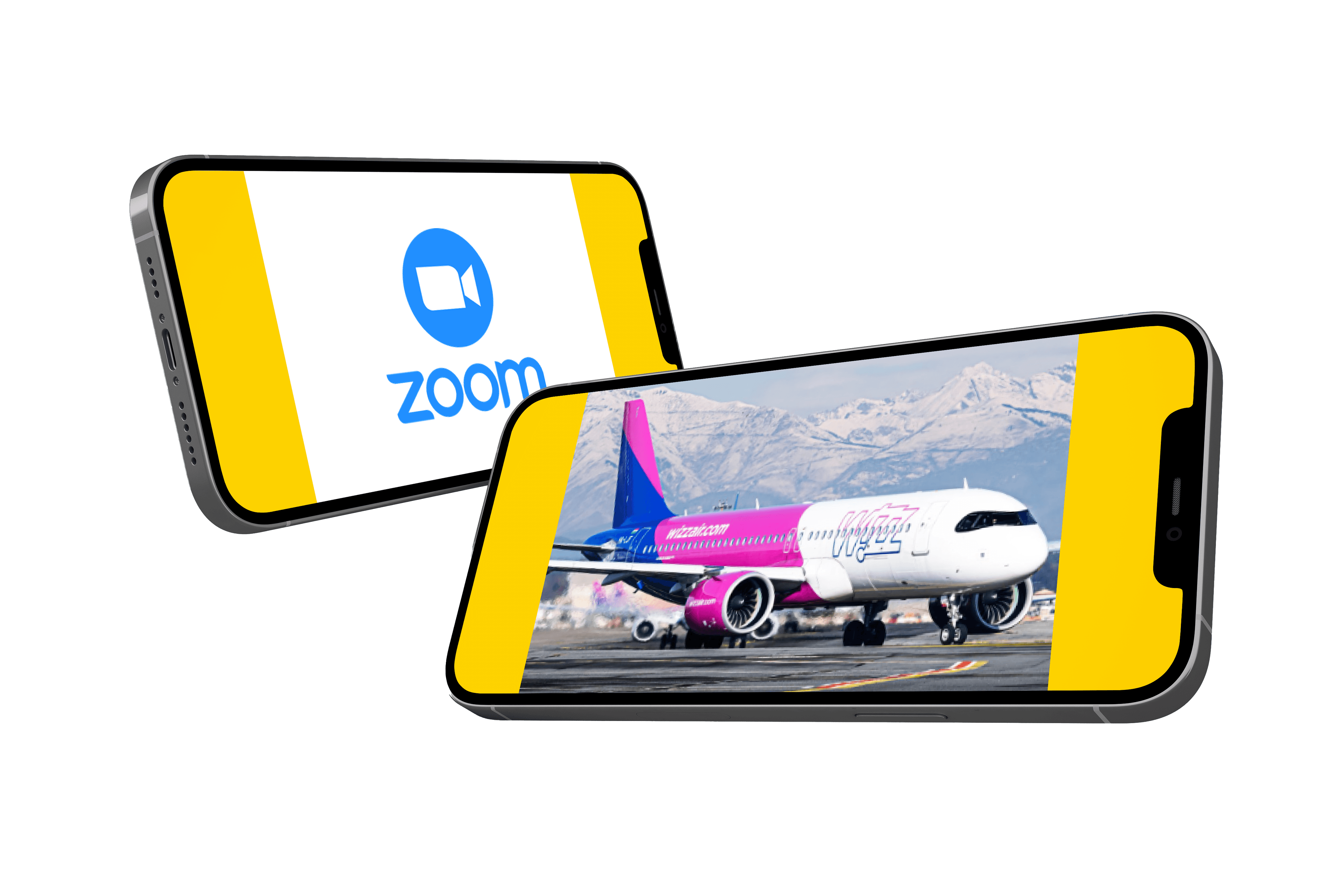 Telefono con una videoconferenza e secondo telefono con l’immagine di un aeromobile